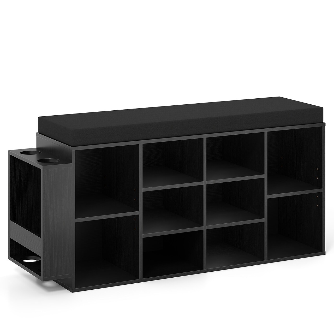 Black 10-Cubby Shoe Storage Bench with Cushion, Adjustable Shelves & Umbrella Holder